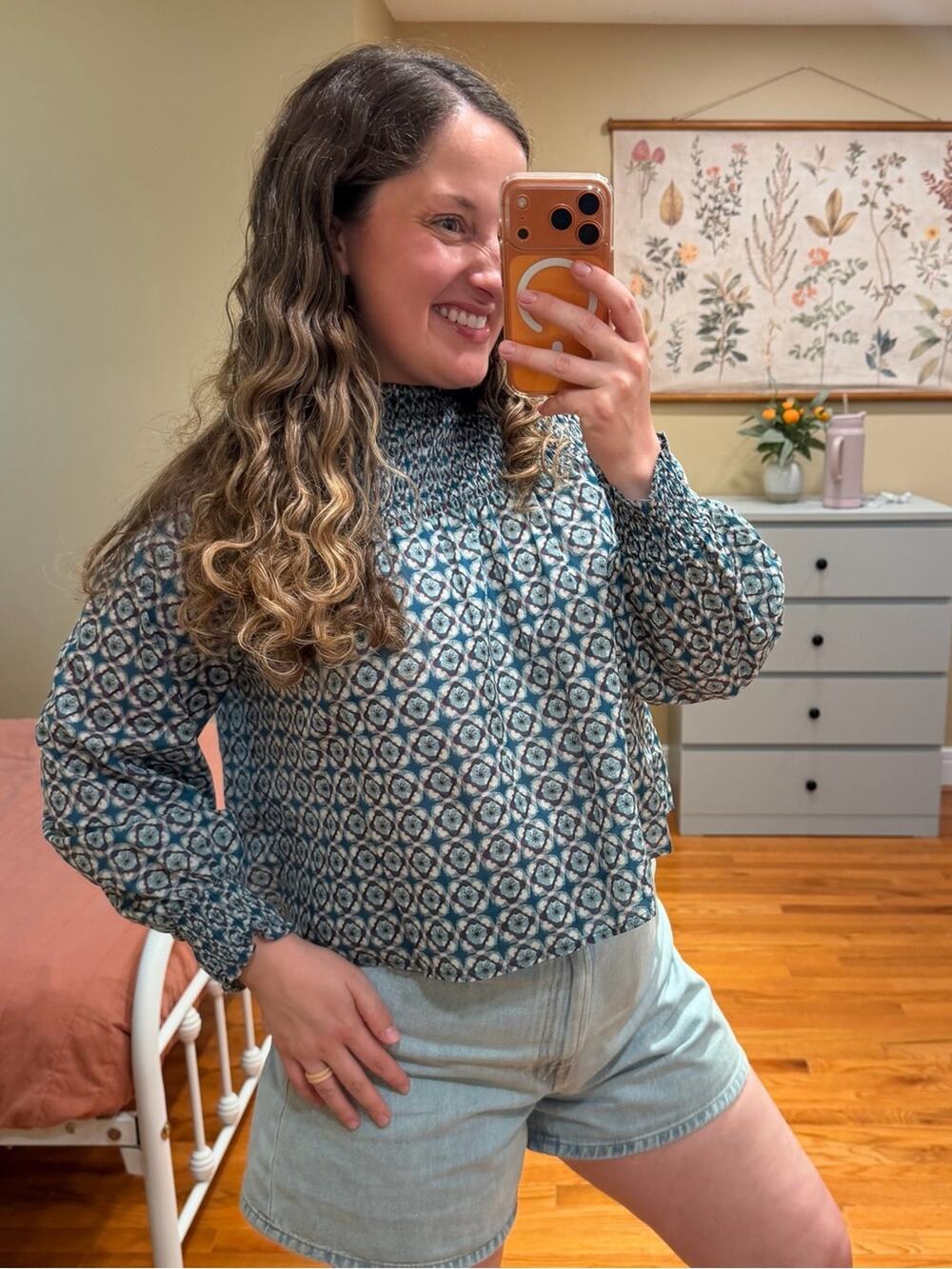 Tuckernuck Olivia James Cotton Smocked Neck Long-Sleeve Blouse Teal Geo Print XS